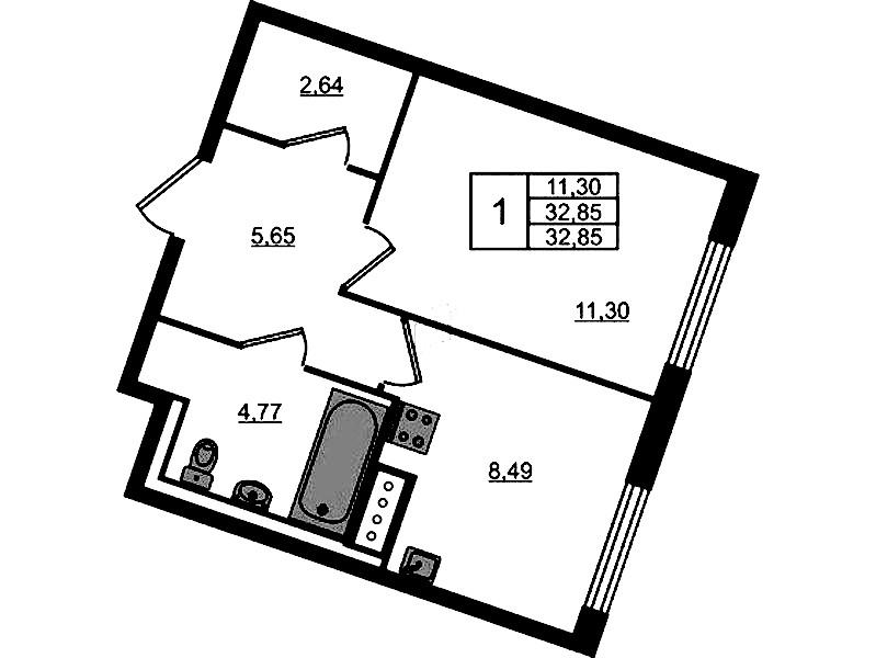 1-комнатная квартира 32.85 м², 9/9 эт., ЖК «Квартал Лаголово»